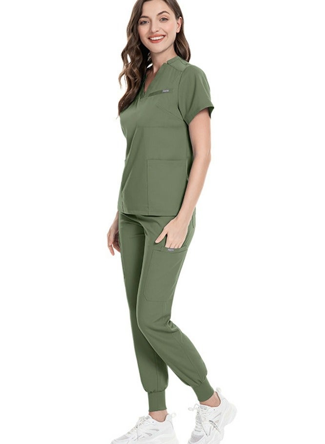 Loquat Medical Uniform Scrubs Set Medical Scrubs Solid Color 2 Piece Set Top and Pants Suit Olive Green - Image 1