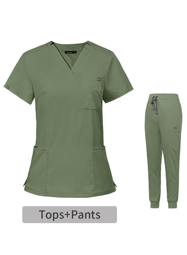 Loquat Medical Uniform Scrubs Set Medical Scrubs Solid Color 2 Piece Set Top and Pants Suit Olive Green - Image 2