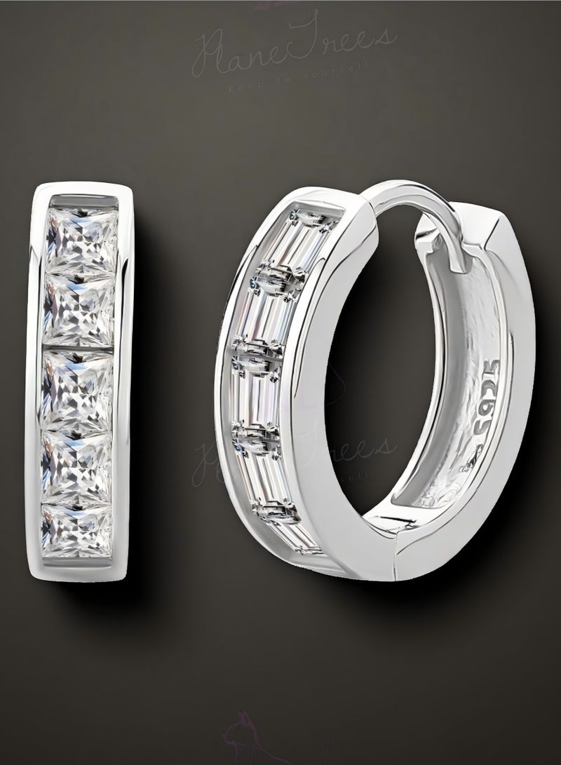 أشجار الطائرة أقراط حلقية من فضة S925 بتصميم أنيق – ترصيع بحجر زركون مربّع لأسلوب عصري - Image 1