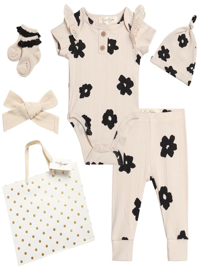 Jessica Simpson Baby Girl Layette Set - 4 Piece Newborn Baby Girl Outfits with Onesie Bodysuit Baby Pants Hat & Socks (0-9M), Size 3-6 Months, Black - Image 1