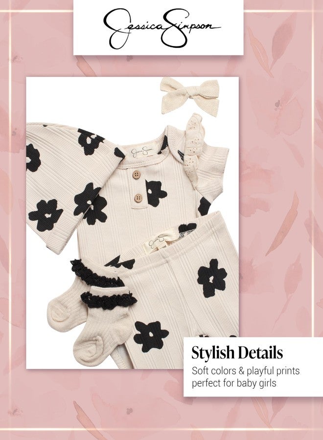 Jessica Simpson Baby Girl Layette Set - 4 Piece Newborn Baby Girl Outfits with Onesie Bodysuit Baby Pants Hat & Socks (0-9M), Size 3-6 Months, Black - Image 3