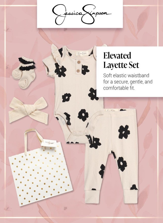 Jessica Simpson Baby Girl Layette Set - 4 Piece Newborn Baby Girl Outfits with Onesie Bodysuit Baby Pants Hat & Socks (0-9M), Size 3-6 Months, Black - Image 2