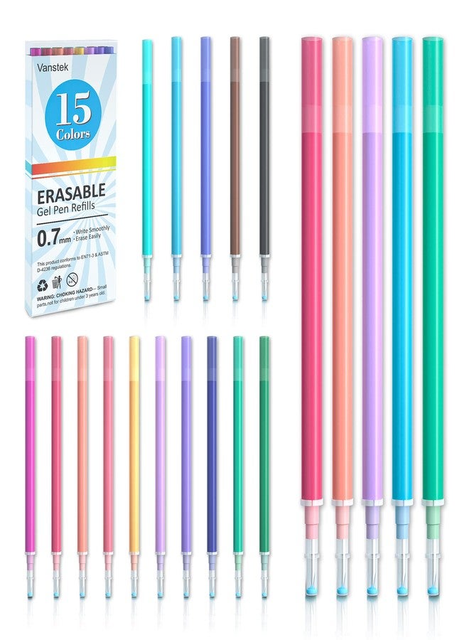 Vanstek 15 Assorted Colors Erasable Pen Refills, Gel Ink Refills Compatible with Erasable Pens, Fine Point 0.7 mm, Perfect for Writing Planner & Crossword Puzzles - Image 1