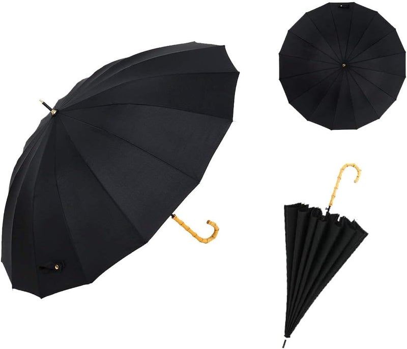 ThreeH Bamboo Stick Umbrella Auto Open Solid Color Fashionable and Simple 190T 16 Ribs,KS08 Green - Image 2