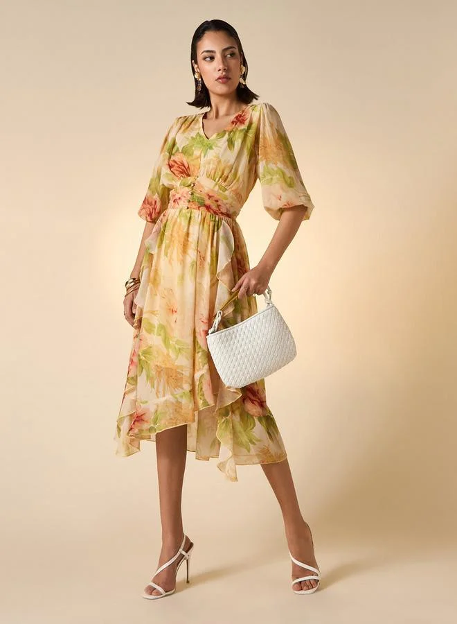 2Xtremz 2Xtremz Floral Print Midi Ruffle Dress with Pleat Detail