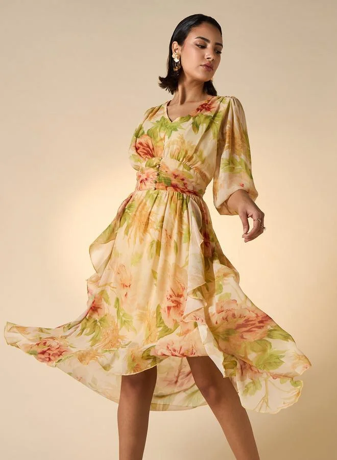 2Xtremz 2Xtremz Floral Print Midi Ruffle Dress with Pleat Detail