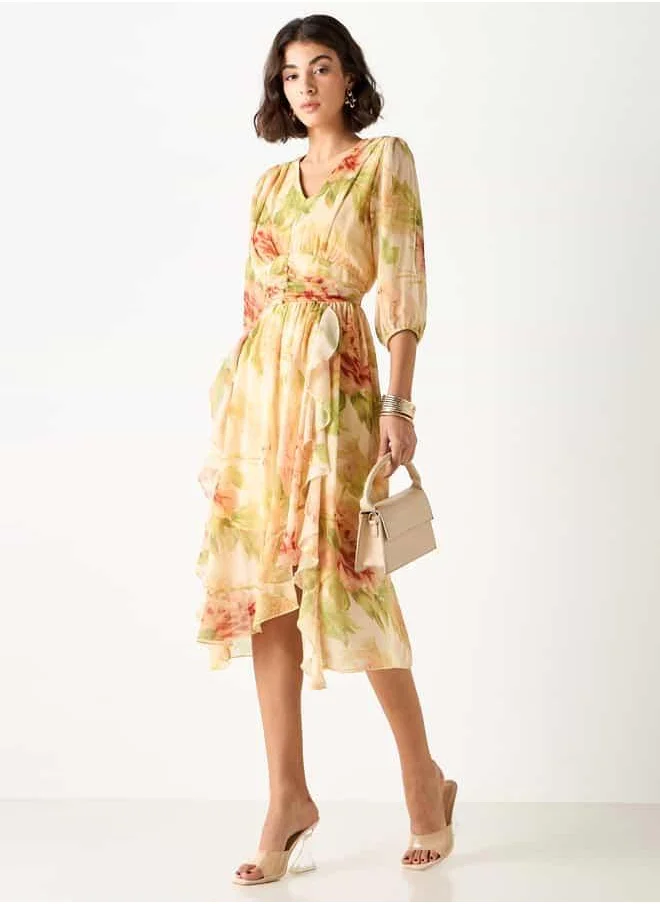 2Xtremz 2Xtremz Floral Print Midi Ruffle Dress with Pleat Detail