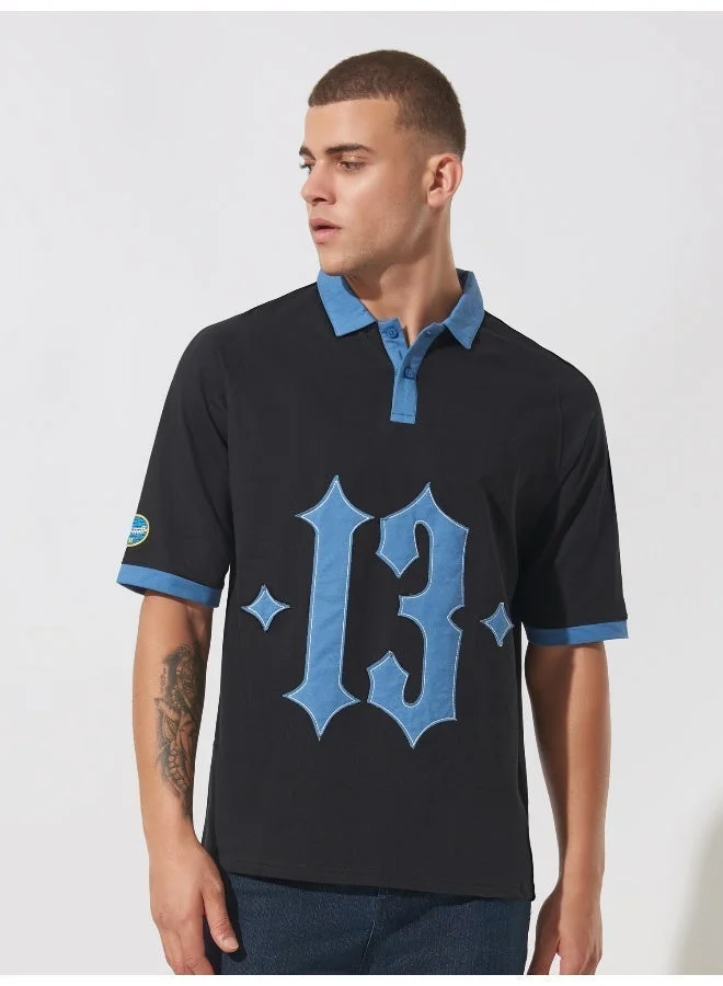 Maniac Maniac Mens Printed Polo Neck Raglan 3/4th Sleeve Black and Blue Cotton Oversized T-Shirt