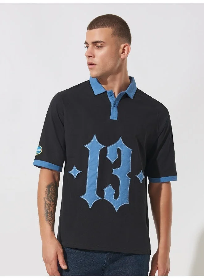 Maniac Maniac Mens Printed Polo Neck Raglan 3/4th Sleeve Black and Blue Cotton Oversized T-Shirt