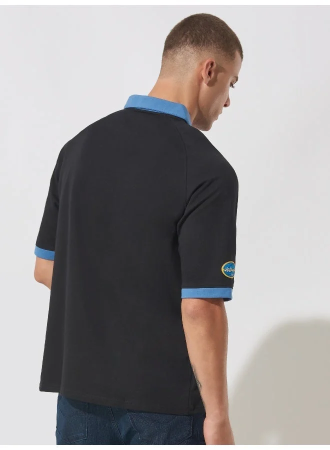 Maniac  Maniac Mens printed polo neck raglan 3/4th sleeve black and blue cotton oversized t-shirt for Men | Best Price UAE