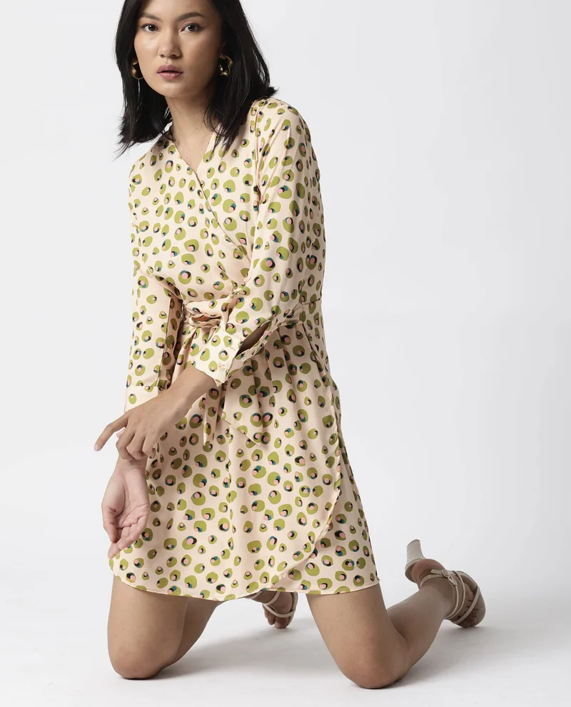 Rareism Women's Abstract Polka Satin Wrap Mini Dress