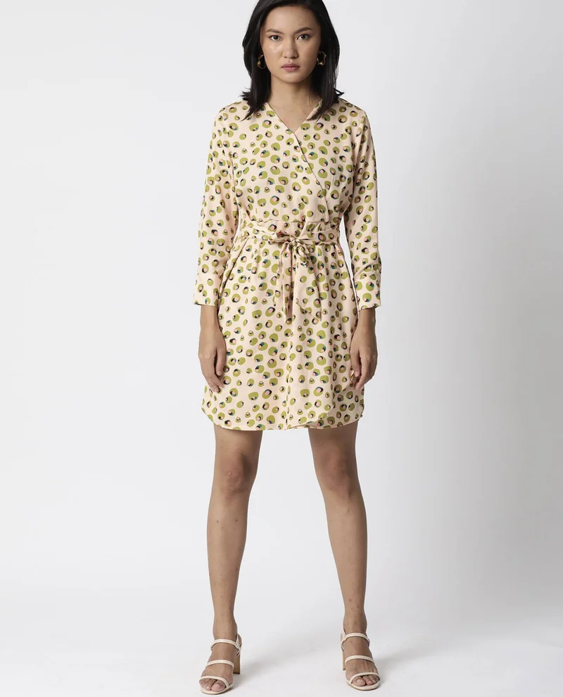 Rareism Women's Abstract Polka Satin Wrap Mini Dress