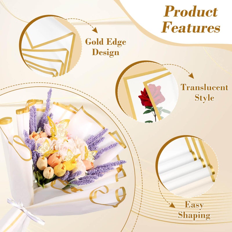 cridoz 20 Sheets Flower Bouquet Wrapping Paper with 12 Pieces Gold Butterfly Decorations for Flower Bouquets, Waterproof Floral Bouquet Wrapping Paper for Flower, Gift Wrapping(White) - Image 3