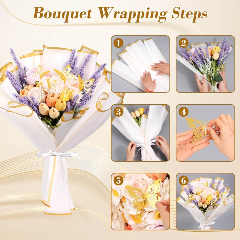 cridoz 20 Sheets Flower Bouquet Wrapping Paper with 12 Pieces Gold Butterfly Decorations for Flower Bouquets, Waterproof Floral Bouquet Wrapping Paper for Flower, Gift Wrapping(White) - Image 5