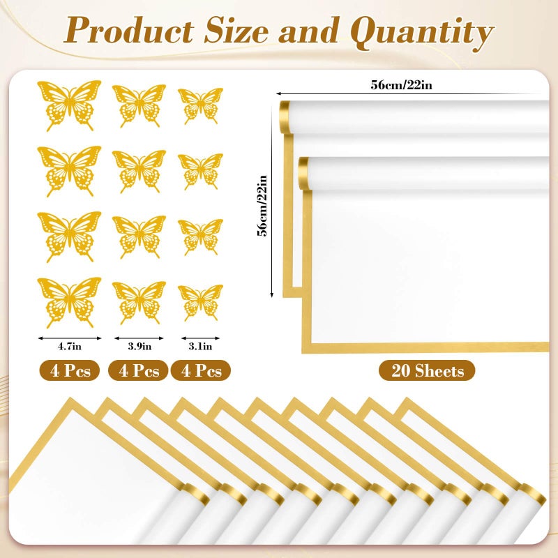 cridoz 20 Sheets Flower Bouquet Wrapping Paper with 12 Pieces Gold Butterfly Decorations for Flower Bouquets, Waterproof Floral Bouquet Wrapping Paper for Flower, Gift Wrapping(White) - Image 2