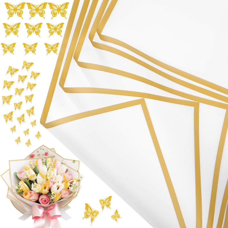 cridoz 20 Sheets Flower Bouquet Wrapping Paper with 12 Pieces Gold Butterfly Decorations for Flower Bouquets, Waterproof Floral Bouquet Wrapping Paper for Flower, Gift Wrapping(White) - Image 1