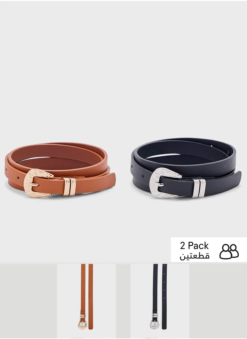 ELLA 2 Pack Hammered Buckle Belt Set