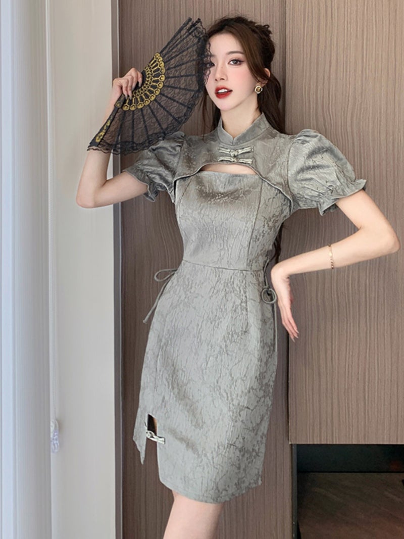 New Chinoiserie Buckle Improved Cheongsam Chinoiserie Dress Style Waist Cut Out Slim Hip Skirt - Image 3