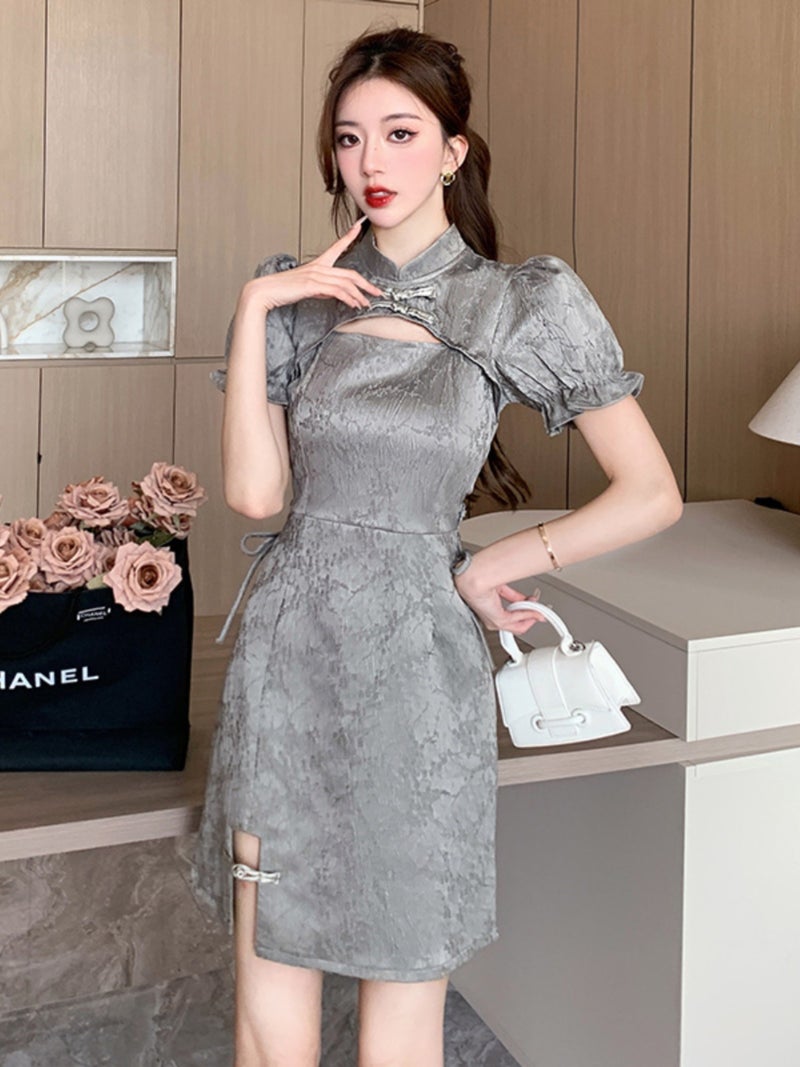 New Chinoiserie Buckle Improved Cheongsam Chinoiserie Dress Style Waist Cut Out Slim Hip Skirt - Image 2