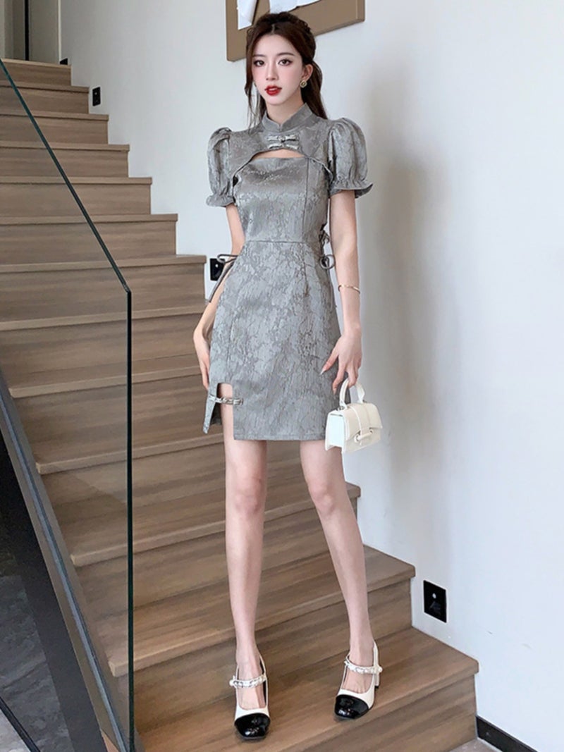 New Chinoiserie Buckle Improved Cheongsam Chinoiserie Dress Style Waist Cut Out Slim Hip Skirt - Image 1