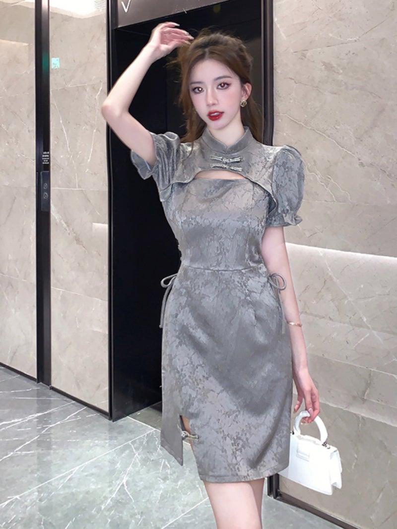 New Chinoiserie Buckle Improved Cheongsam Chinoiserie Dress Style Waist Cut Out Slim Hip Skirt - Image 4