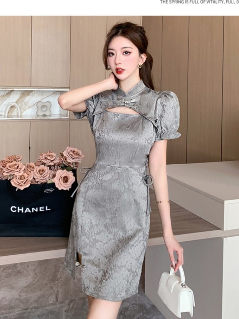 New Chinoiserie Buckle Improved Cheongsam Chinoiserie Dress Style Waist Cut Out Slim Hip Skirt - Image 5