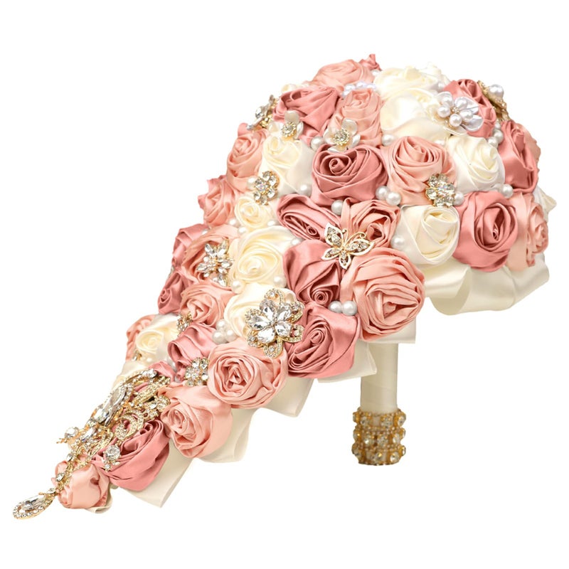 TUAGYMKR Handmade Satin Rose Water Drop Bridal Bouquet 8.7inch Crystal Wedding Round Tossing Bouquet Jewelry Proposal Bridesmaid Bouquet Groom Corsage Bride Wrist Flower Ivory (Ivory) - Image 2