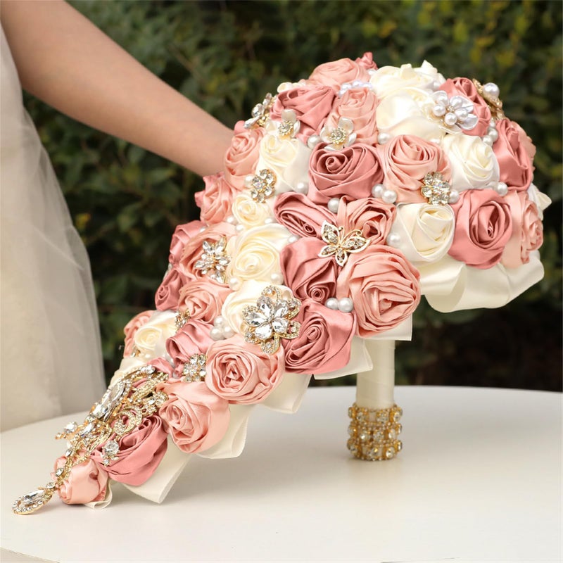 TUAGYMKR Handmade Satin Rose Water Drop Bridal Bouquet 8.7inch Crystal Wedding Round Tossing Bouquet Jewelry Proposal Bridesmaid Bouquet Groom Corsage Bride Wrist Flower Ivory (Ivory) - Image 4