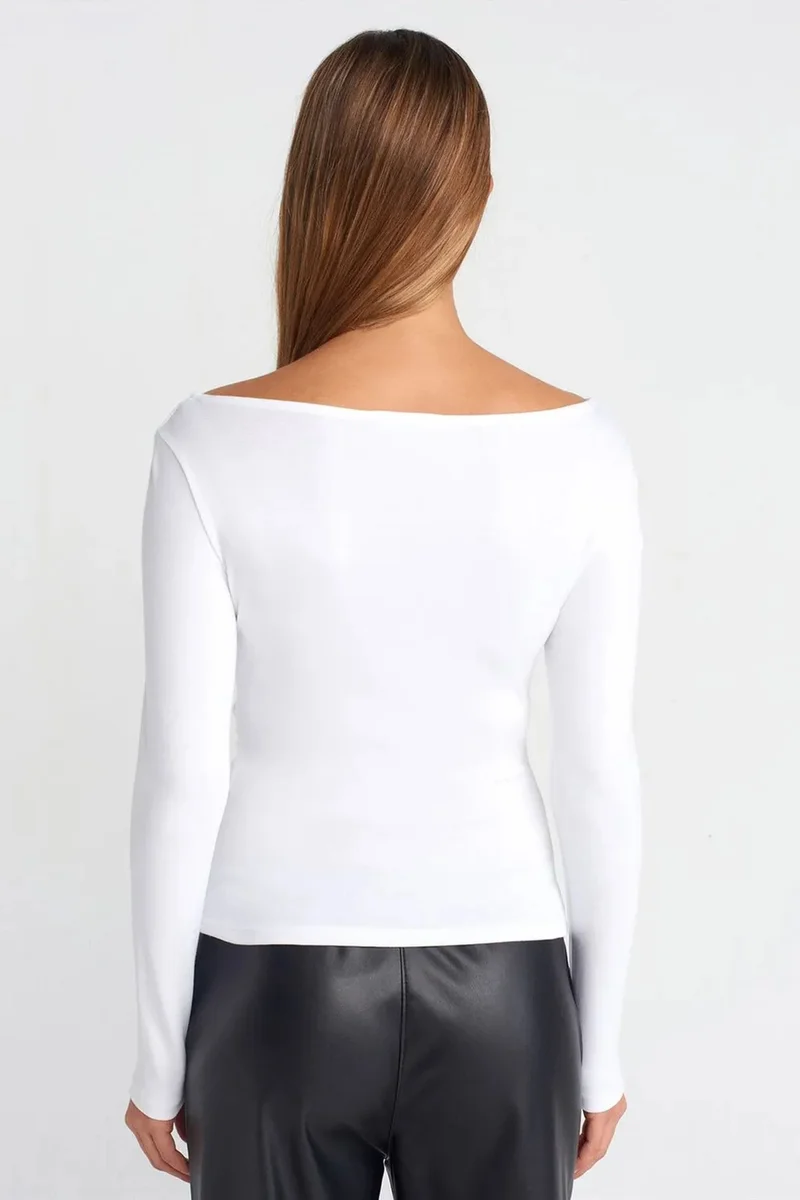 Dilvin White DILVIN Slim Fit Ribbed Boat Neck Blouse for Women | Best Price UAE