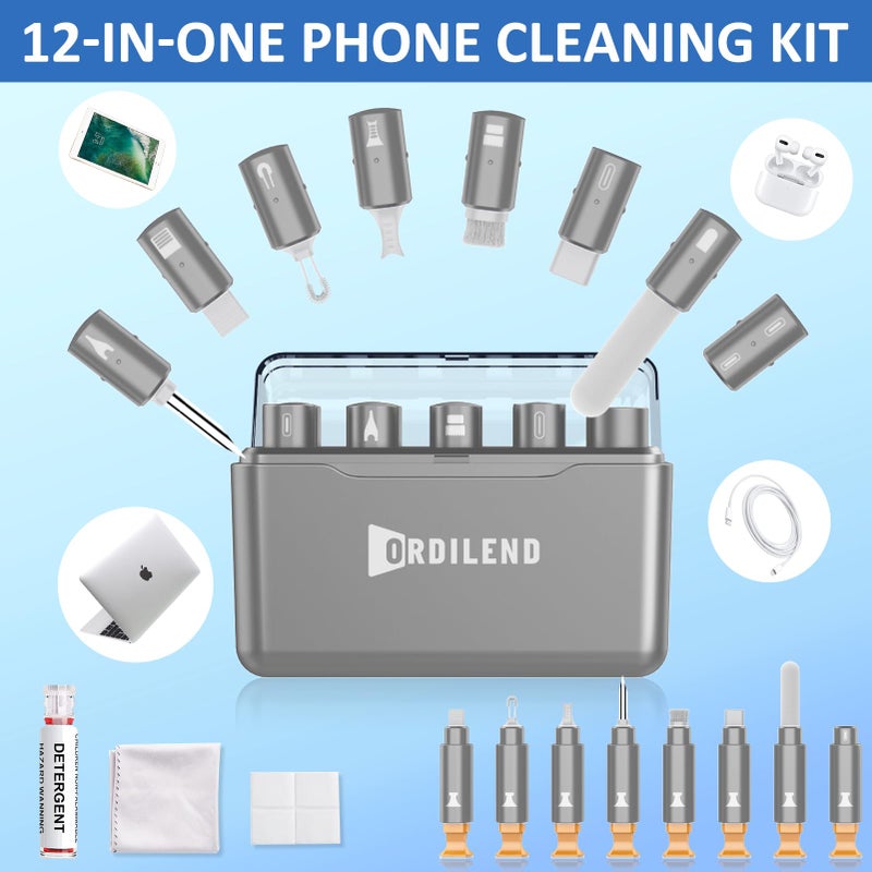 Ordilend for iPhone Cleaning Kit for Charging Port Cleaner, Multi-Tool iPhone Cleaner Repair Lightning Cable, Cell Phone Cleaning Kit for iPad, Connector, Speaker, Airpod with Storage Case, Grey - Image 2