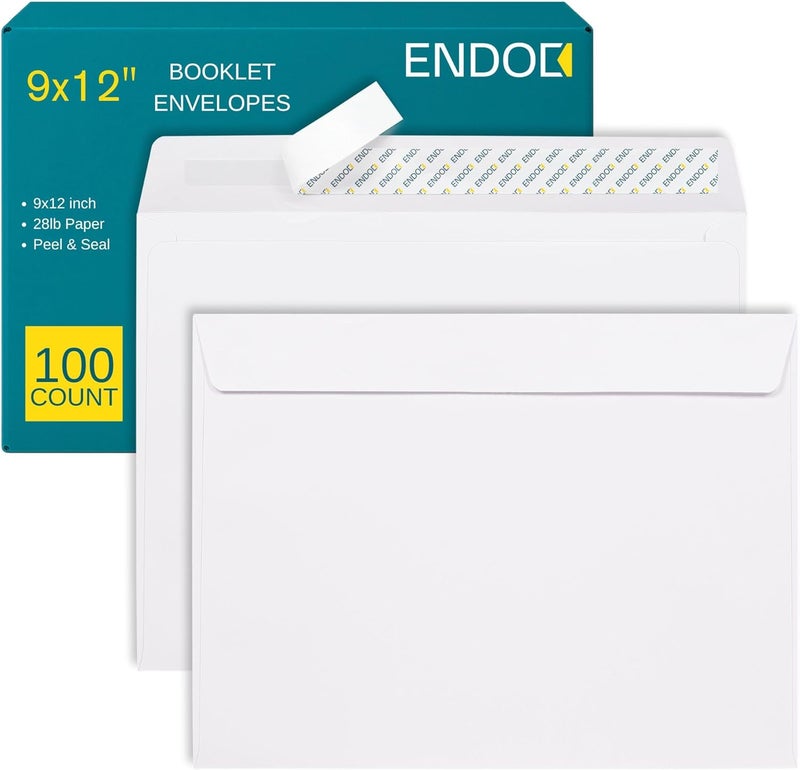 EnDoc 9x12 Booklet Envelopes Self Seal - 100 pack - Mailing Large Envelopes 9 x 12 Peel & Seal Closure - Open-Side Blank Plain White 28 lb Paper, for Home, Office and Business - Image 1