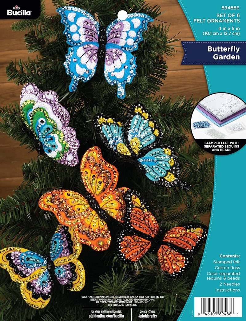 Bucilla, Butterfly Garden Set of 6 Felt Applique Ornament Making Kit, Supplies for DIY Needlepoint Arts and Crafts, 89488E - Image 1