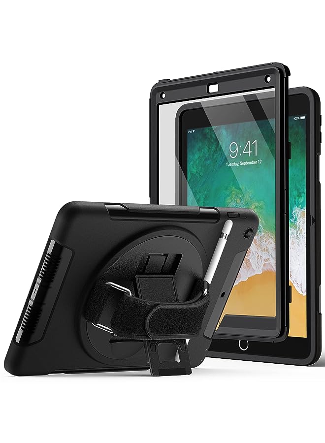 جي تيك حافظة لجهاز iPad 9.7 بوصة (الجيل السادس/الخامس، موديل 2018/2017) مع واقي شاشة مدمج، غطاء تابلت متين واقٍ مقاوم للصدمات، حامل حزام يد دوار 360 درجة (أسود) - Image 1