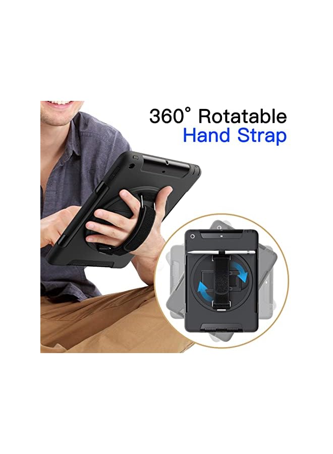 جي تيك حافظة لجهاز iPad 9.7 بوصة (الجيل السادس/الخامس، موديل 2018/2017) مع واقي شاشة مدمج، غطاء تابلت متين واقٍ مقاوم للصدمات، حامل حزام يد دوار 360 درجة (أسود) - Image 4