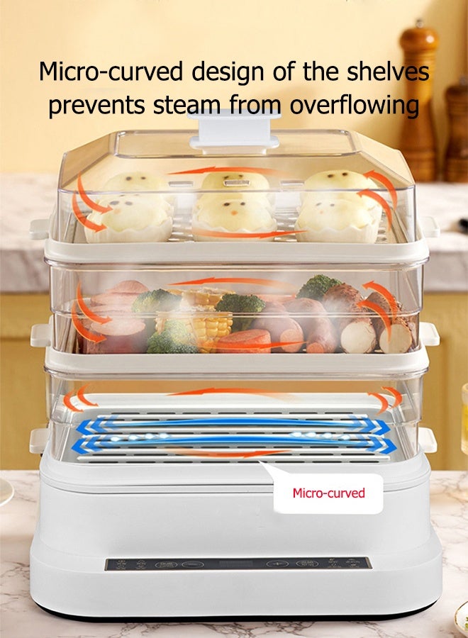 موندا طباخ بيض سريع وغلاية بيض، جهاز بخار طعام كهربائي متعدد الوظائف، شاشة لمس إلكترونية، مع وظيفة مؤقت 24 ساعة، وظيفة الحفاظ على الدفء لمدة 5 ساعات، ثلاث طبقات، وعاء ساخن لطهي الخضراوات والمأكولات البحرية والشوربات واليخنات والمعكرونة، يمكنه طهي 27 بيضة، سعة 32 لترًا، 800 وات Xh-D20 أبيض - Image 5