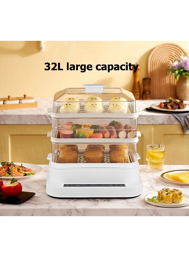 موندا طباخ بيض سريع وغلاية بيض، جهاز بخار طعام كهربائي متعدد الوظائف، شاشة لمس إلكترونية، مع وظيفة مؤقت 24 ساعة، وظيفة الحفاظ على الدفء لمدة 5 ساعات، ثلاث طبقات، وعاء ساخن لطهي الخضراوات والمأكولات البحرية والشوربات واليخنات والمعكرونة، يمكنه طهي 27 بيضة، سعة 32 لترًا، 800 وات Xh-D20 أبيض - Image 2