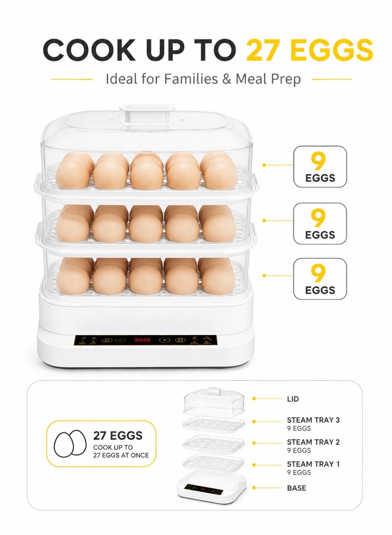 Monda 3-in-1 Electric Egg Cooker & Food Steamer – 27 Eggs Capacity | 3-Tier Multi Function Steamer for Vegetables, Seafood & Soup | 800W Fast Heating | 24H Timer & Auto Keep Warm | Stainless Steel Healthy Cooking Appliance - Image 3