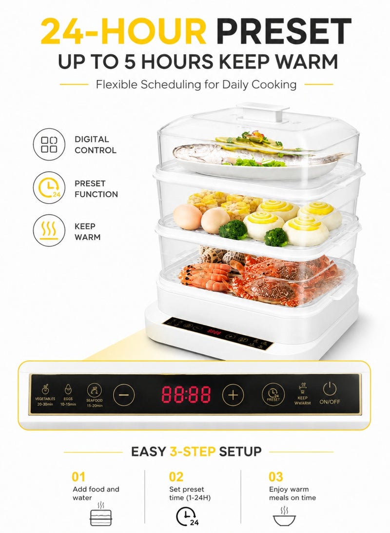 Monda 3-in-1 Electric Egg Cooker & Food Steamer – 27 Eggs Capacity | 3-Tier Multi Function Steamer for Vegetables, Seafood & Soup | 800W Fast Heating | 24H Timer & Auto Keep Warm | Stainless Steel Healthy Cooking Appliance - Image 5