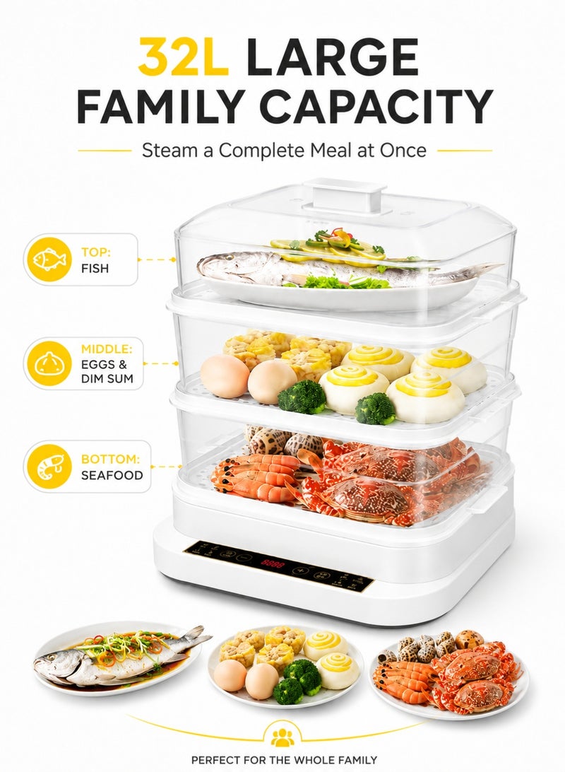 Monda 3-in-1 Electric Egg Cooker & Food Steamer – 27 Eggs Capacity | 3-Tier Multi Function Steamer for Vegetables, Seafood & Soup | 800W Fast Heating | 24H Timer & Auto Keep Warm | Stainless Steel Healthy Cooking Appliance - Image 2