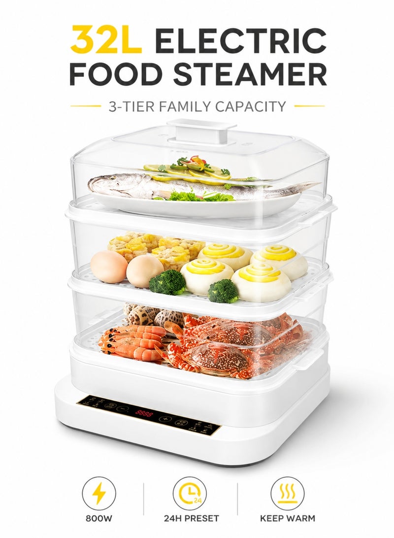 Monda 3-in-1 Electric Egg Cooker & Food Steamer – 27 Eggs Capacity | 3-Tier Multi Function Steamer for Vegetables, Seafood & Soup | 800W Fast Heating | 24H Timer & Auto Keep Warm | Stainless Steel Healthy Cooking Appliance - Image 1
