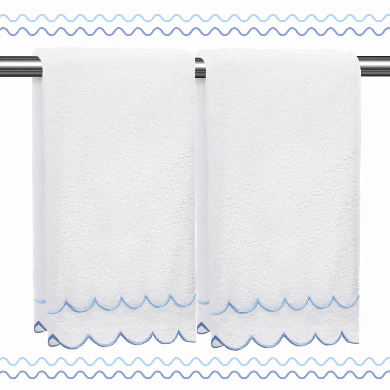 RRBXIA 100% Cotton Hand Towels for Bathroom 2 Pcs Scalloped Hand Towels 16 * 27 Inch Embroidered Decorative 500 GSM Soft Absorbent Bath Towel for Spa Yoga Hotel Sport (Blue) - Image 1