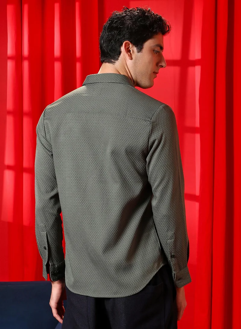 CAHOOT  Men's Olive Green Motif -Tactile Shirt for Men | Best Price UAE