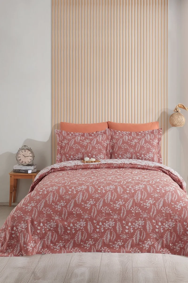 Elart Mokka Linen Look Bedspread Pique Set 3 Piece Double Cinnamon
