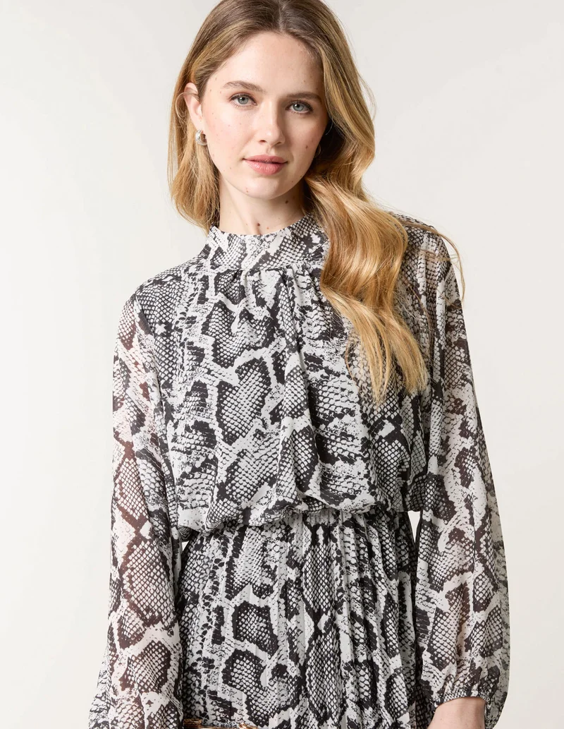 Blue Vanilla Snakeskin High Neck Pleat Dress
