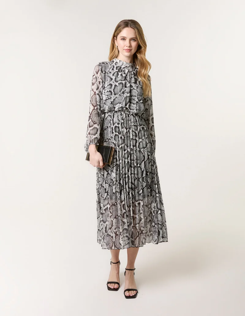 Blue Vanilla Snakeskin High Neck Pleat Dress