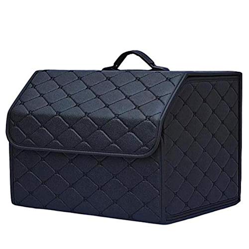 PME Car Truck Organizer with Cover/Single Plastic Handle, Heavy Duty Waterproof PU Leather Portable Cargo Storage Box Seat Back Container Foldable Auto Car Backseat Organizer Classic Black - Size M - Image 1