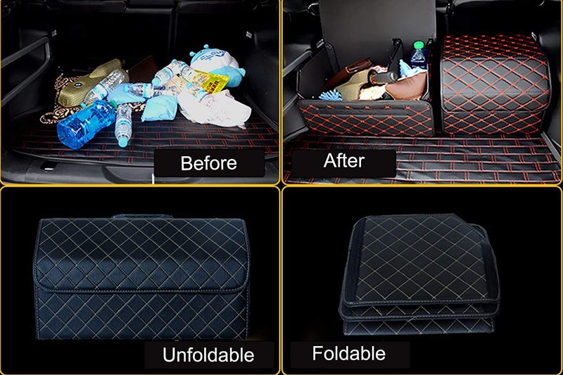 PME Car Truck Organizer with Cover/Single Plastic Handle, Heavy Duty Waterproof PU Leather Portable Cargo Storage Box Seat Back Container Foldable Auto Car Backseat Organizer Classic Black - Size M - Image 3