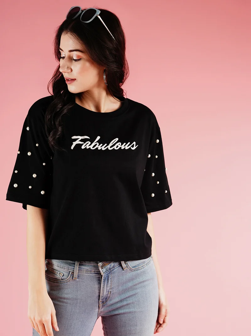 Women Typography Printed Drop-Shoulder Sleeves Boxy T-Shirt