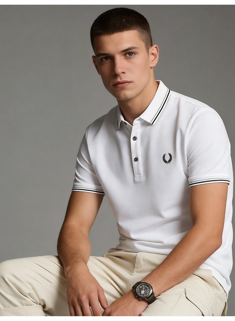 فريد بيري Fred Perry double-pointed Polo shirt | White men's Polo shirt with black striped collar and cuffs, classic modern style, creating timeless casual fashion. - Image 3