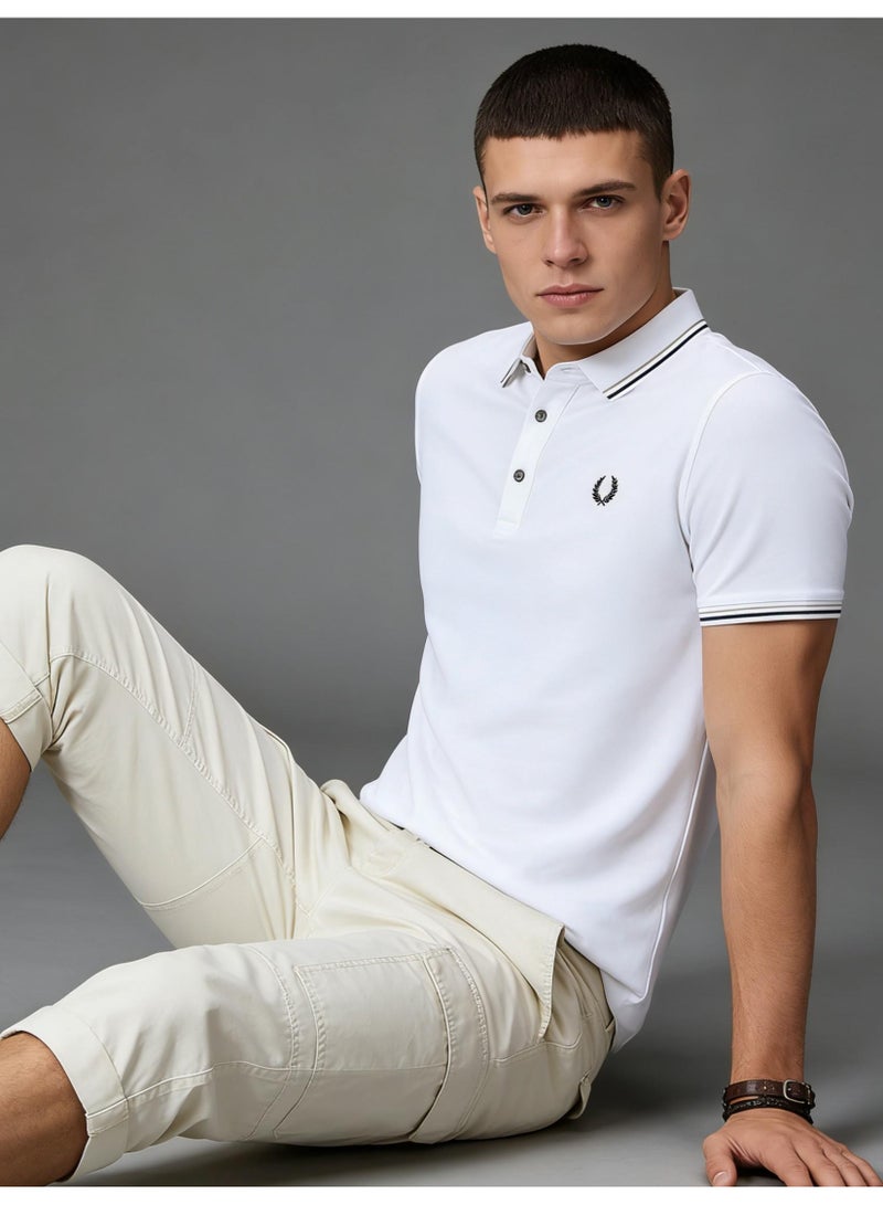 فريد بيري Fred Perry double-pointed Polo shirt | White men's Polo shirt with black striped collar and cuffs, classic modern style, creating timeless casual fashion. - Image 2